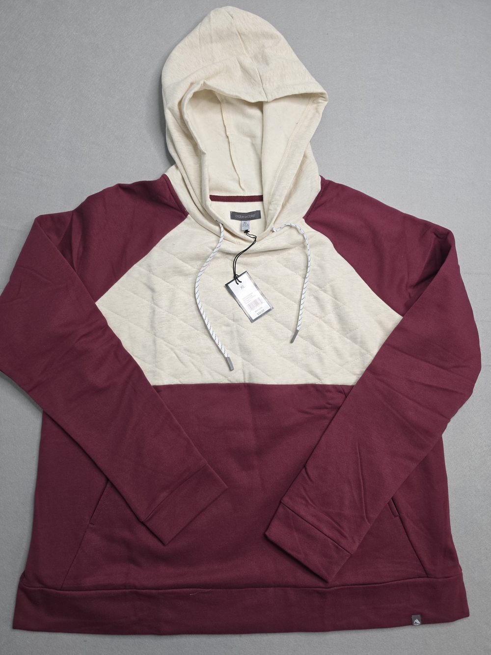 Ocean & Coast Men's Two-Tone Hooded Pullover Sweatshirt Cream & Burgundy NWT XL